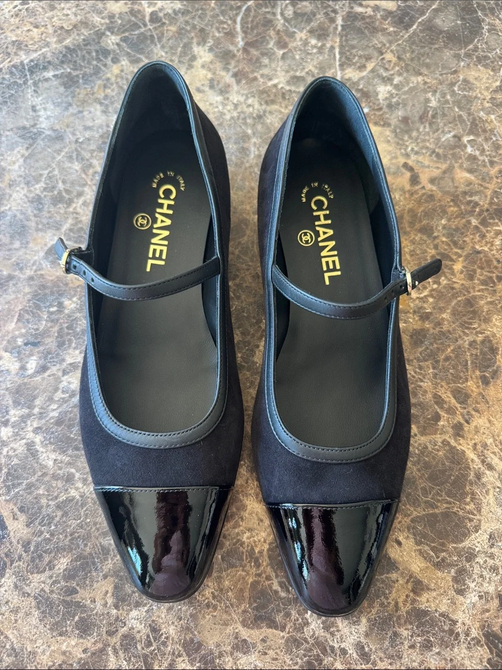 Chanel 24k black suede patent cap toe ballet ballerina Mary Jane flats sz 39